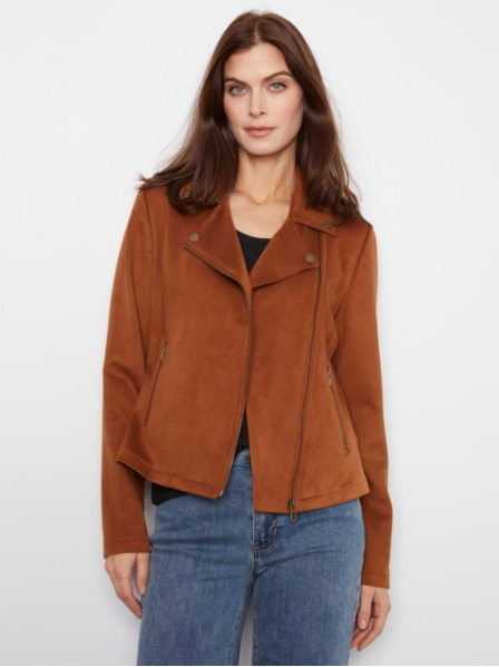 CHARLIE B FAUX SUEDE MOTO JACKET - TOFFEE