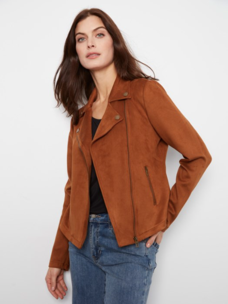 CHARLIE B FAUX SUEDE MOTO JACKET - TOFFEE