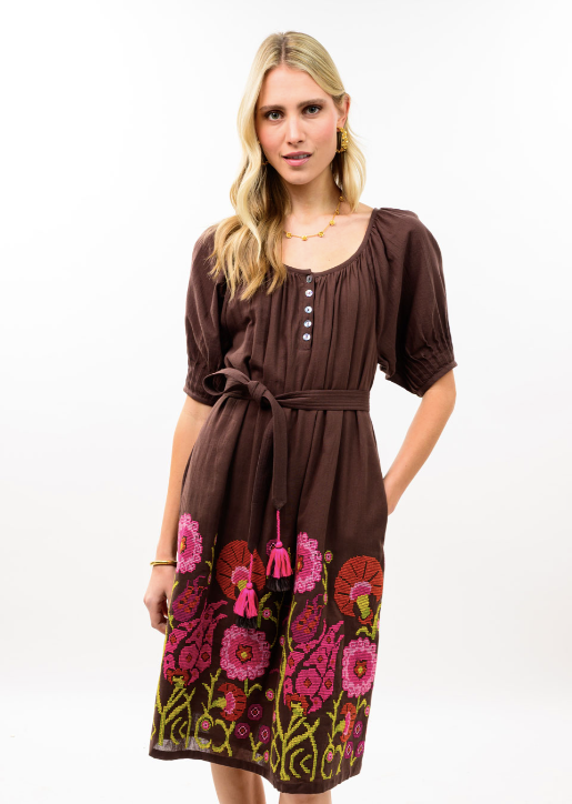 UNCLE FRANK FLORAL EMBROIDERED DRESS - BROWN