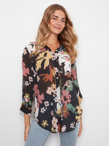 CHARLIE B PRINTED BUTTON UP FLORAL SHIRT - BLACK SHIRT