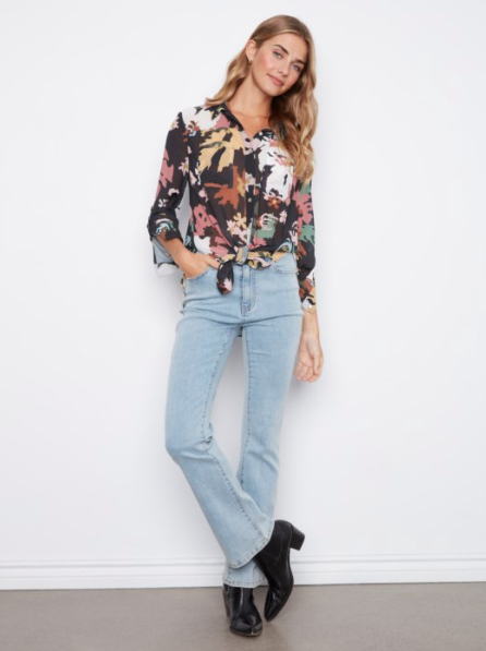 CHARLIE B PRINTED BUTTON UP FLORAL SHIRT - BLACK SHIRT