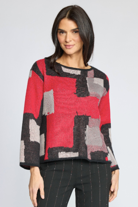 OLIVIA BY HABITAT COLLAGE SWEATER SWING PULLOVER - RED MULTI
