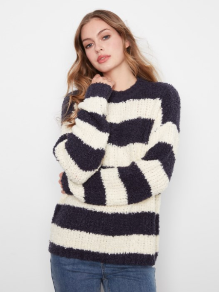 CHARLIE B STRIPED V-NECK BOUCLE SWEATER - NAVY AND WHITE