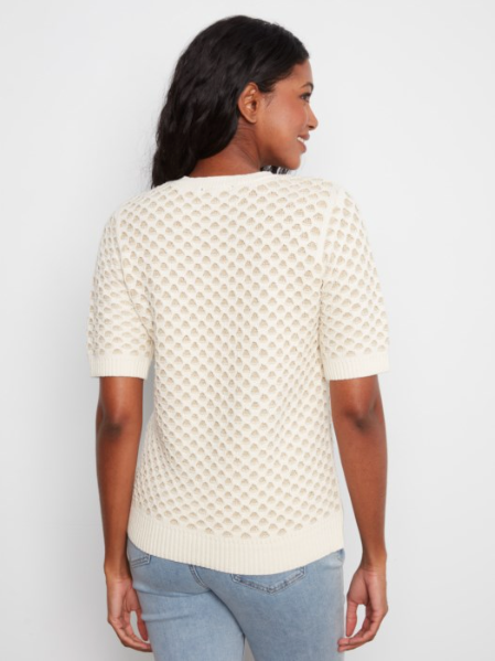 CHARLIE B SHORT SLEEVE METALLIC HONEYCOMB SWEATER - ECRU
