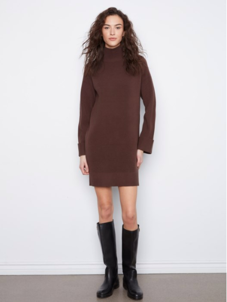 CHARLIE B MOC NECK SWEATER DRESS - COFFEE