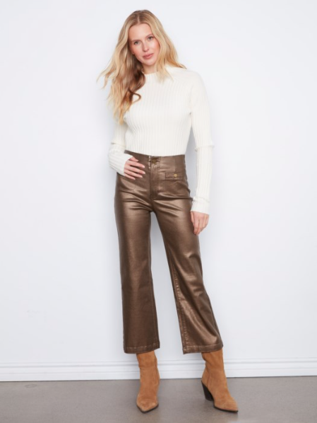 CHARLIE B METALLIC WAXED TWILL FLARE PANT - COPPER