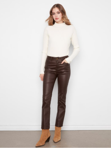 CHARLIE B SLIM LEG WAX TWILL PANTS - COFFEE