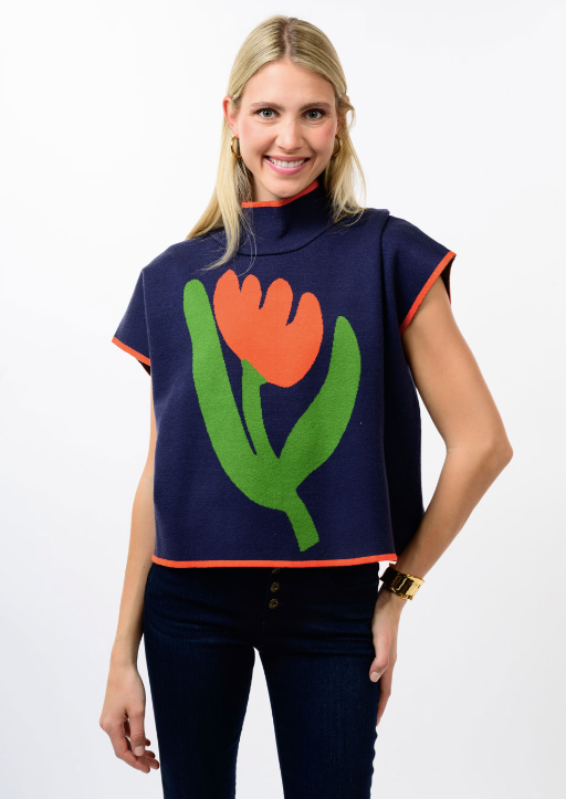 IVY JANE TULIP POPOVER SWEATER - NAVY MULTI