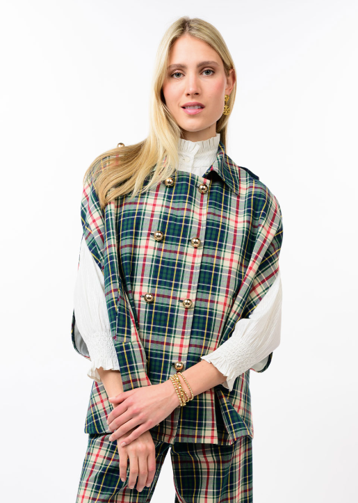 IVY JANE PLAID DOUBLE BREASTED CAPE - HUNTER