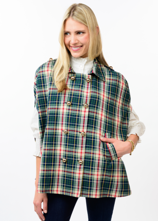IVY JANE PLAID DOUBLE BREASTED CAPE - HUNTER