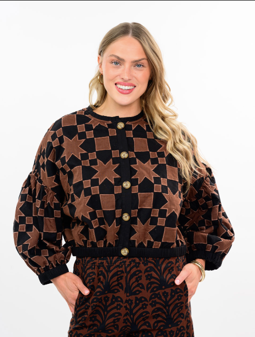 IVY JANE QUILT STAR JACKET - BLACK AND BROWN
