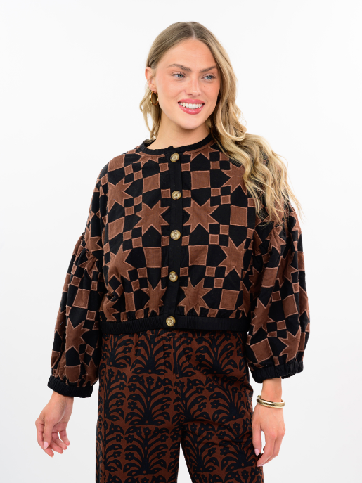 IVY JANE QUILT STAR JACKET - BLACK AND BROWN