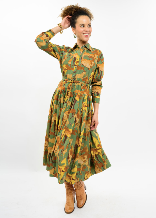 UNCLE FRANK HORSE BUTTON DOWN MAXI - GREEN MULTI