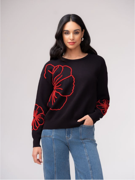 ELENA WANG SWEATER WITH FLOWER - BLACK MULTI