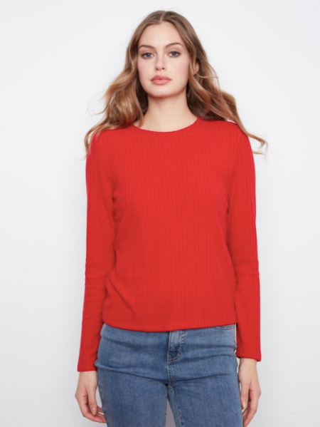 CHARLIE B BRUSH RIBBED LONG SLEEVE TEE - RED
