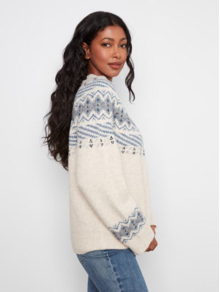 CHARLIE B FAIR ISLE CREW NECK SWEATER - OATMEAL