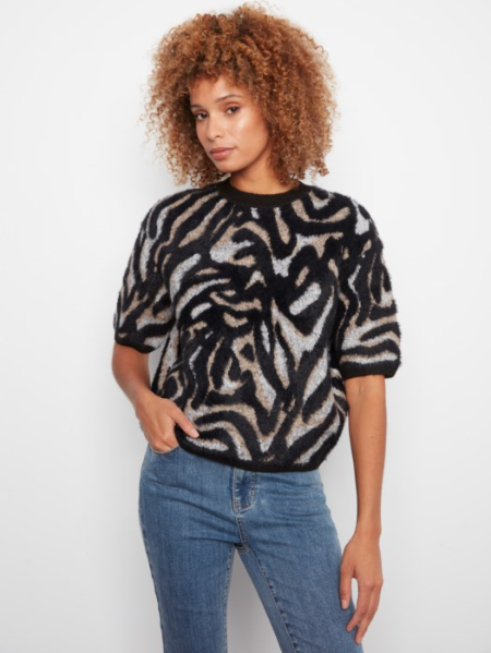 CHARLIE B ELBOW SLEEVE JACQUARD KNIT SWEATER - MYSTIQUE