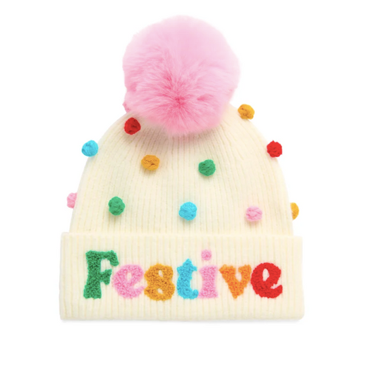 SHIRALEAH FESTIVE POM POM BEANIE - CREAM MULTI