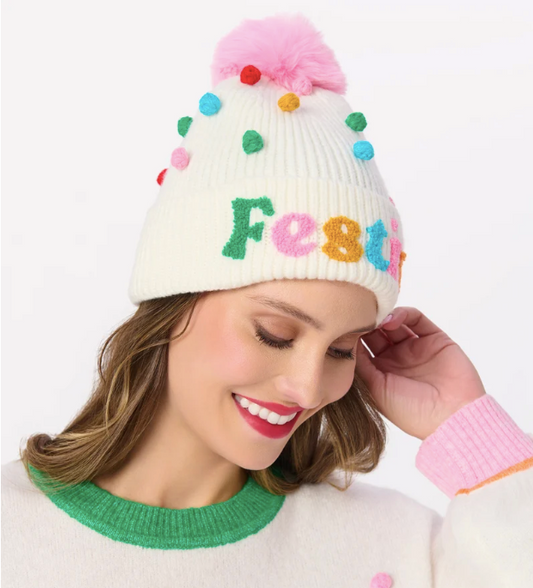 SHIRALEAH FESTIVE POM POM BEANIE - CREAM MULTI