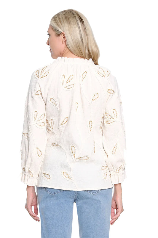 TRU LUXE TIE NECK TOP W/ EMBROIDERY - ANTIQUE WHITE