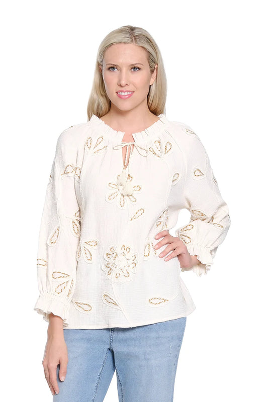 TRU LUXE TIE NECK TOP W/ EMBROIDERY - ANTIQUE WHITE