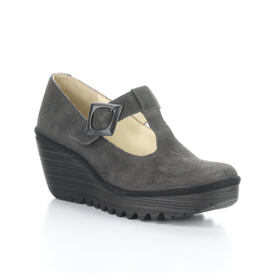 Gray wedge shoe with a strap on a white background