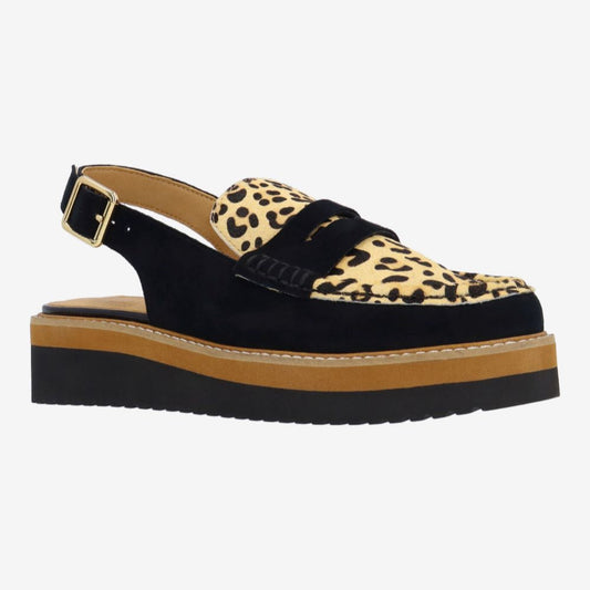 Black platform sandal with leopard print strap on a white background