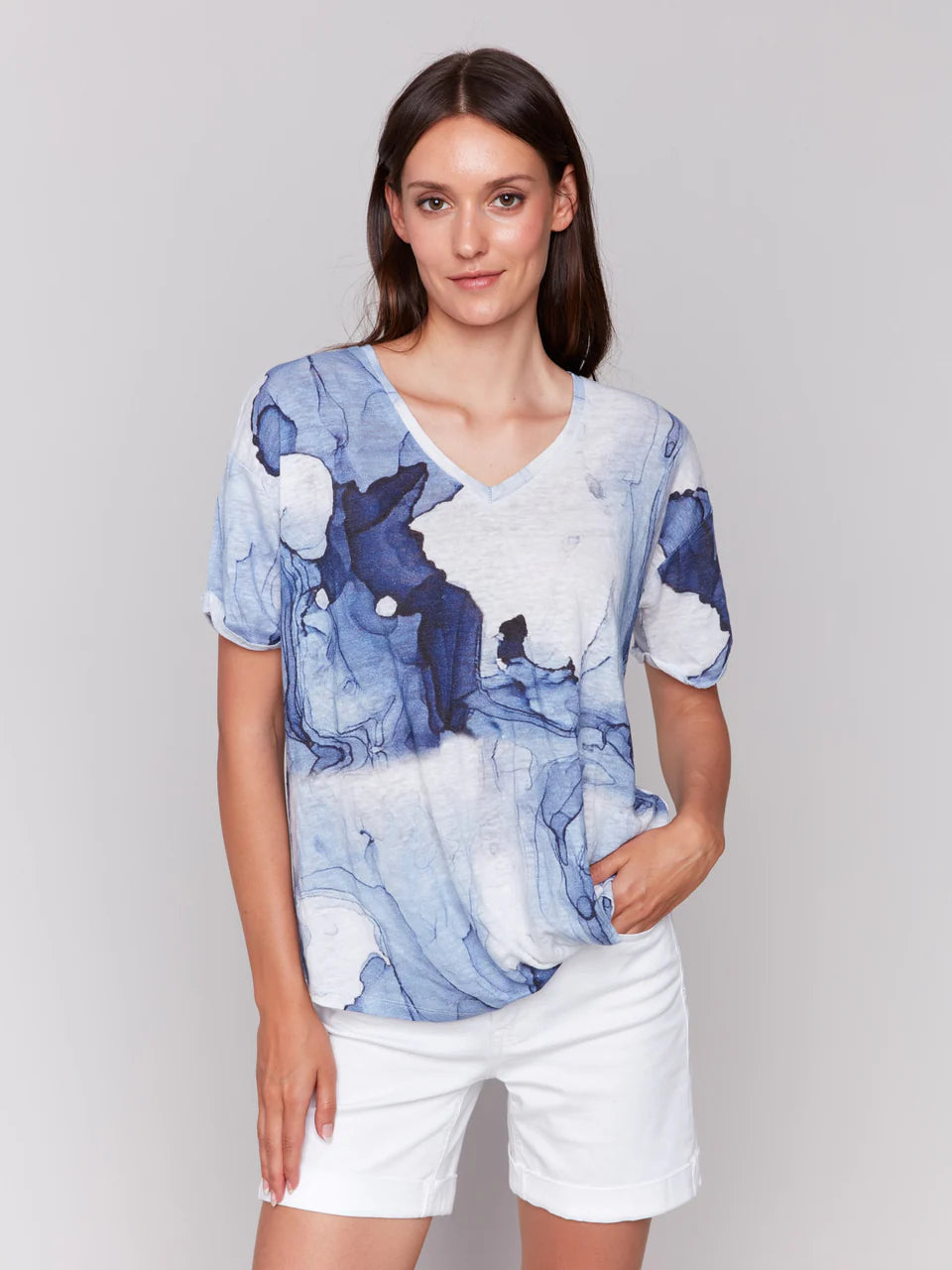 CHARLIE B PRINTEN LINEN TOP - BLUE MULTI