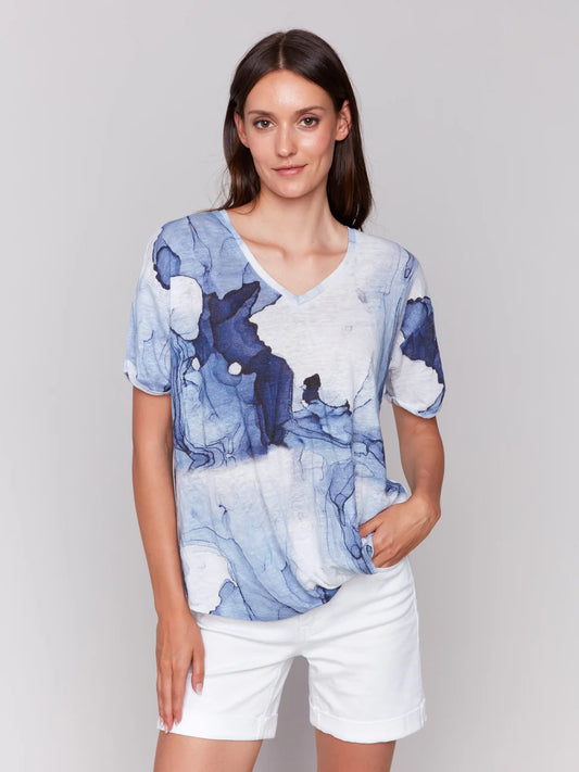 CHARLIE B PRINTEN LINEN TOP - BLUE MULTI