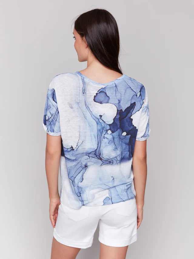 CHARLIE B PRINTEN LINEN TOP - BLUE MULTI