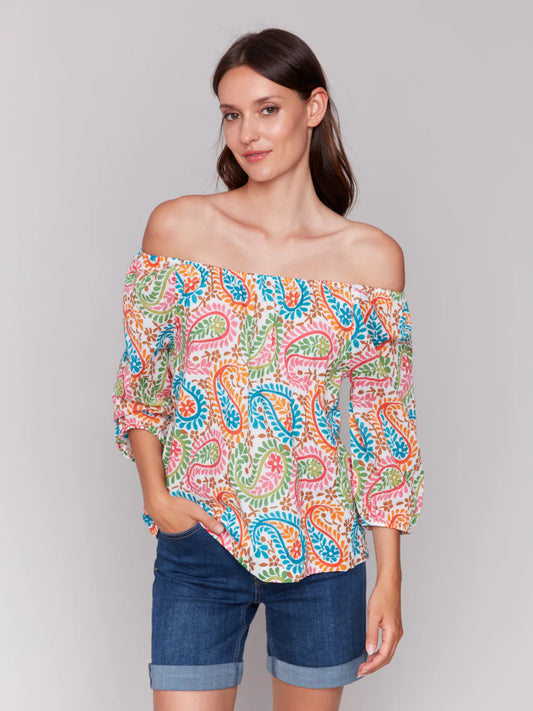 CHARLIE B OFF-THE-SHOULDER COTTON BLOUSE - MULTI