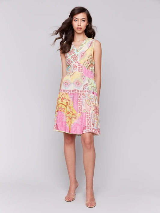 CHARLIE B PRINTED SLEEVELESS V-NECK DRESS - PINK MULTI