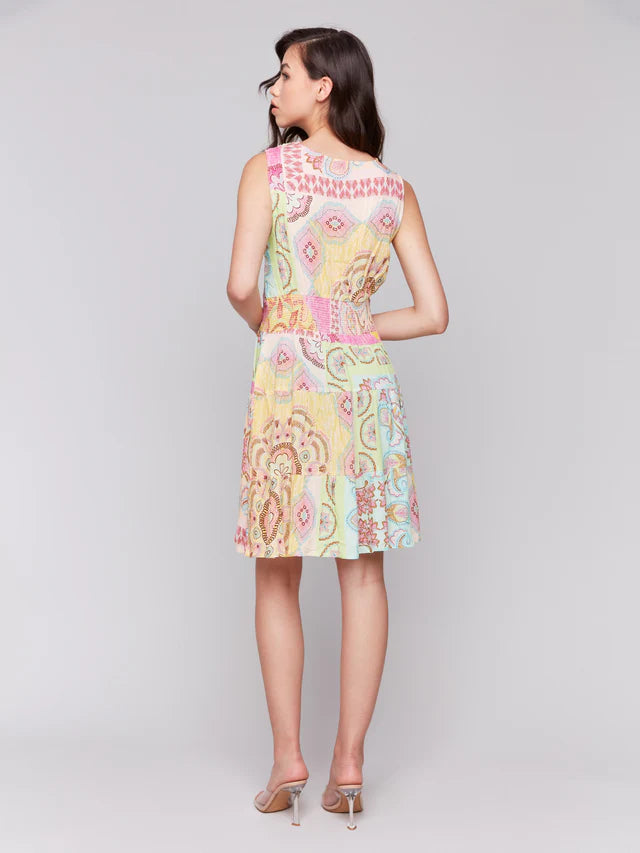 CHARLIE B PRINTED SLEEVELESS V-NECK DRESS - PINK MULTI