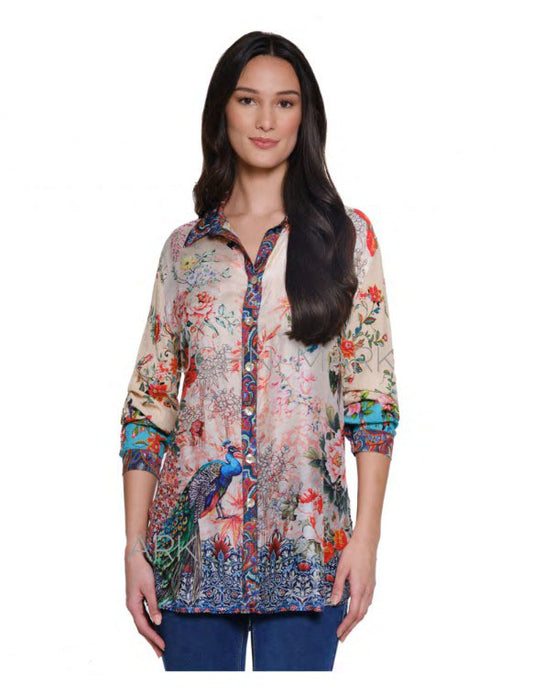 JOHN MARK MIX FLORAL PRINT BUTTON-UP TOP - MULTI