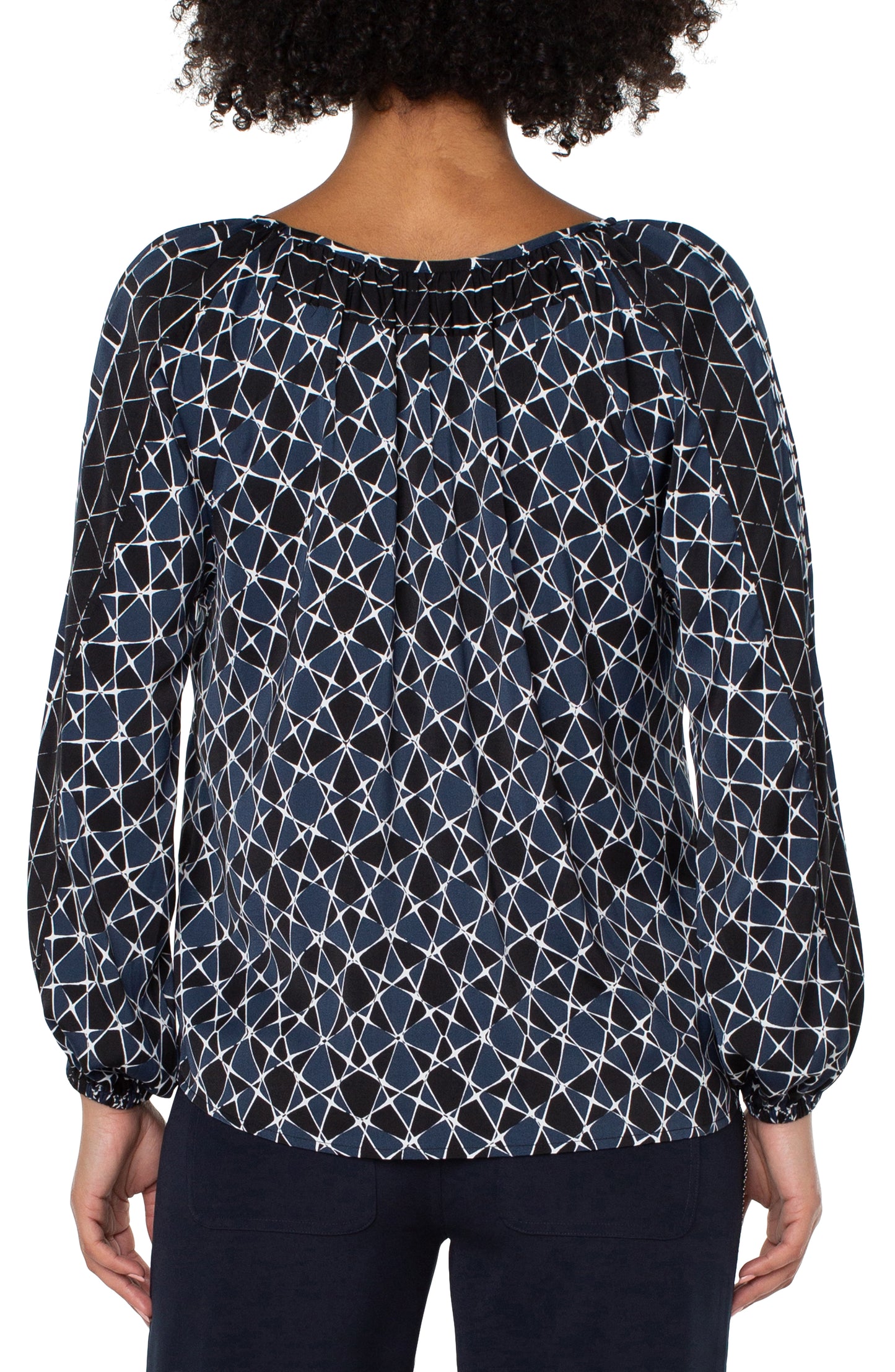 LIVERPOOL LONG-SLEEVE SHIRRED WOVEN BLOUSE - BLUE MULTI - LM8A93H65P13S13