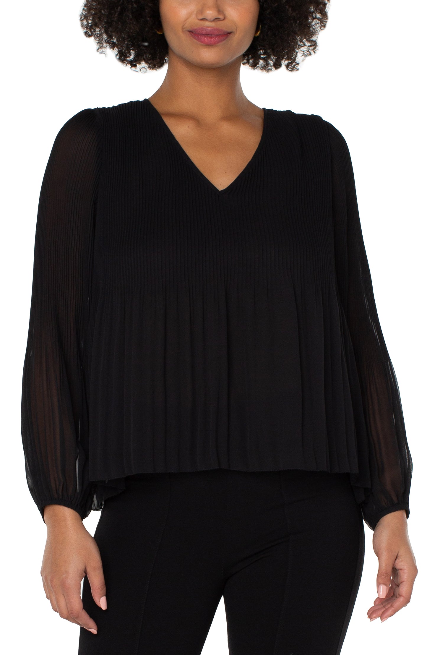 LIVERPOOL V-NECK LONG-SLEEVE PLEATED TOP - BLACK - LM8B16HD4001