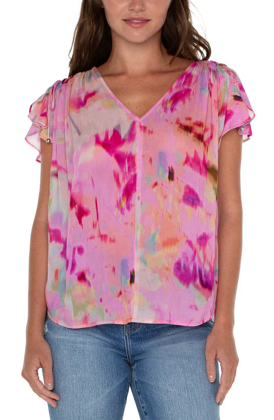 LIVERPOOL SHIRRED V-NECK DOLMAN TOP - PINK MULTI - LM8A37HCBP68FWC