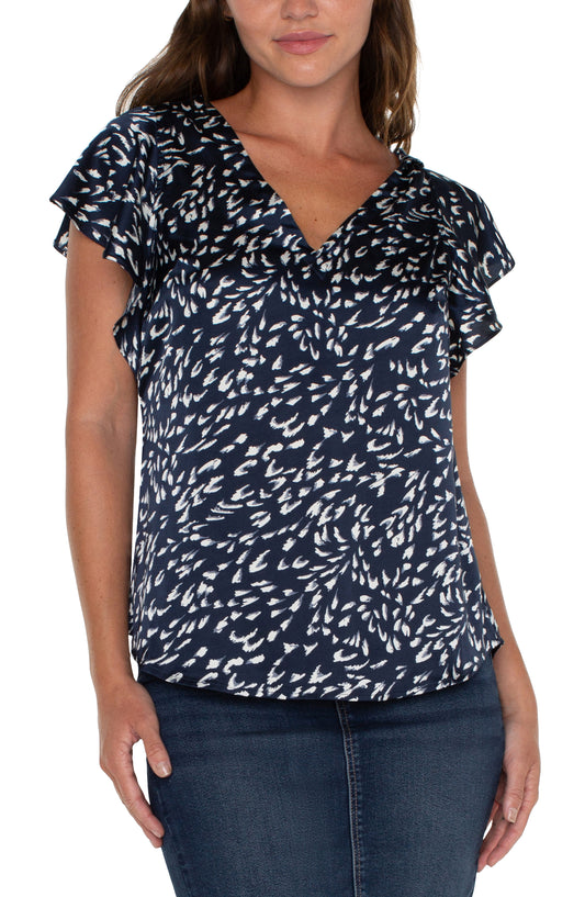 LIVERPOOL DOUBLE V-NECK FLUTTER TOP - NAVY MULTI - LM8652G68P21NMP
