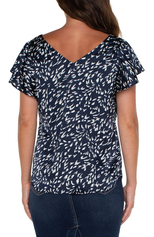 LIVERPOOL DOUBLE V-NECK FLUTTER TOP - NAVY MULTI - LM8652G68P21NMP