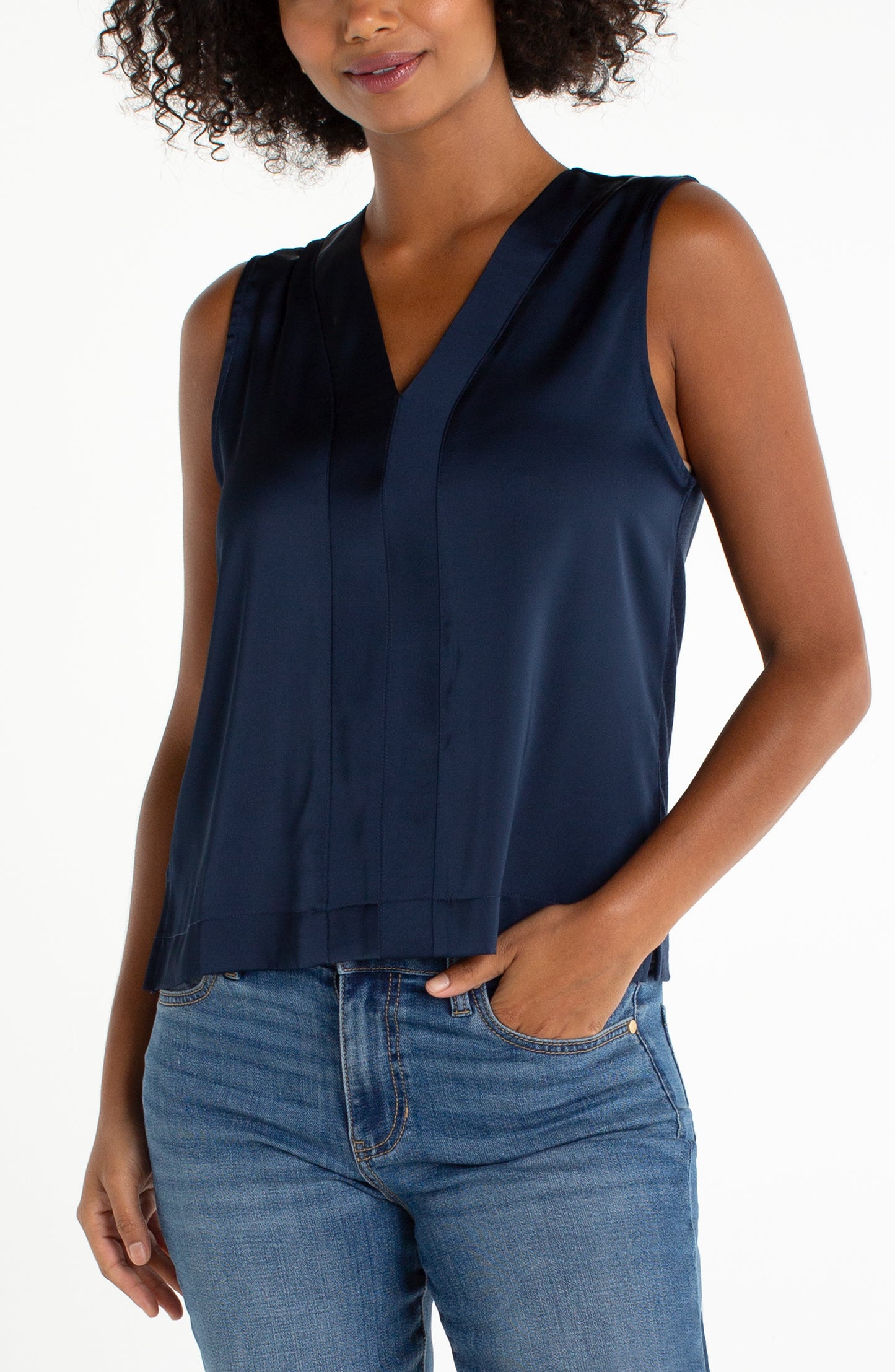 LIVERPOOL SLEEVELESS V-NECK WOVEN TO KNIT TOP - NAVY