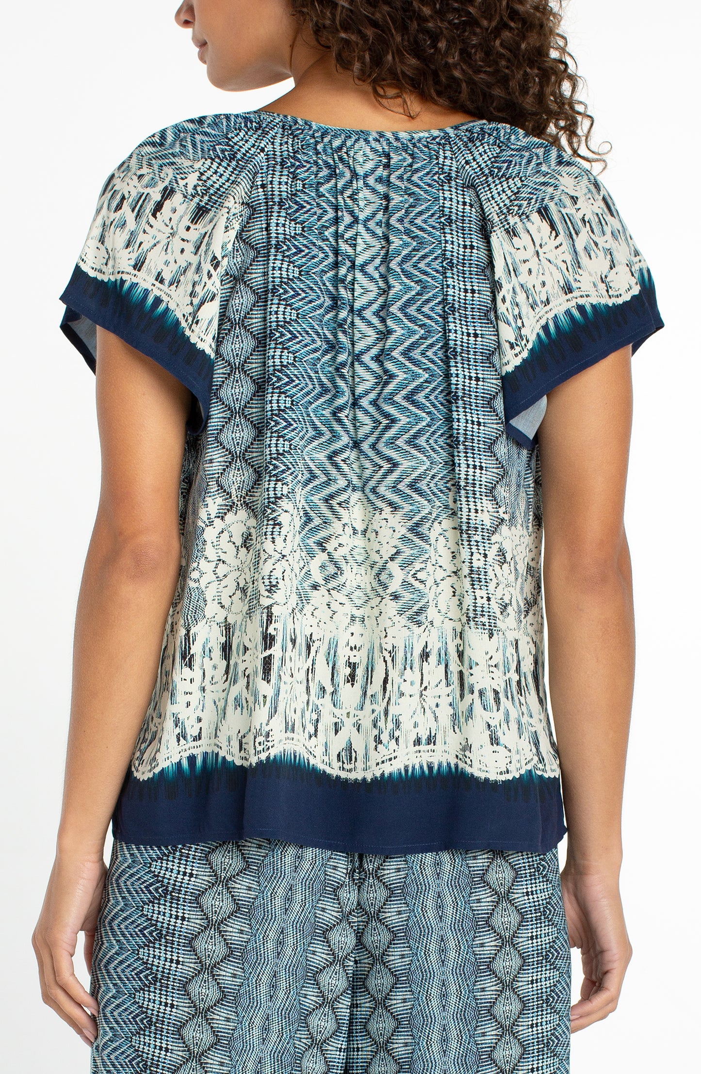 LIVERPOOL SHORT-SLEEVE WOVEN TOP W/ TIE - NAVY MULTI