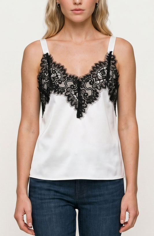 LIVERPOOL SLEEVELESS WOVEN TOP WITH LACE - WHIPPED CREAM WITH BLACK LACE