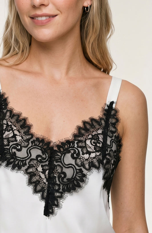 LIVERPOOL SLEEVELESS WOVEN TOP WITH LACE - WHIPPED CREAM WITH BLACK LACE
