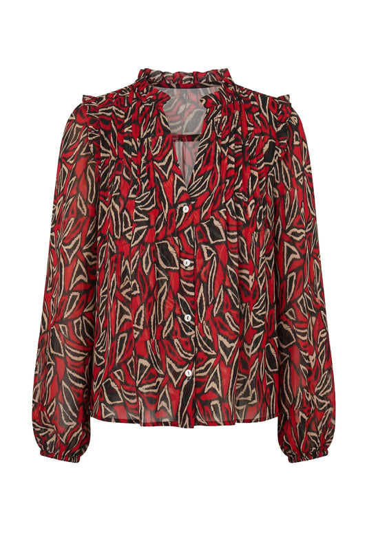 LIVERPOOL LONG SLEEVE WOVEN BLOUSE - RED AND BLACK MULTI