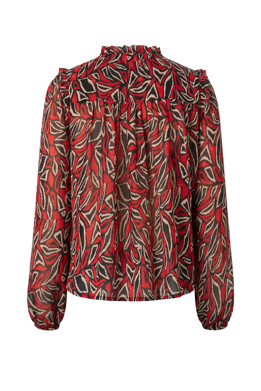 LIVERPOOL LONG SLEEVE WOVEN BLOUSE - RED AND BLACK MULTI