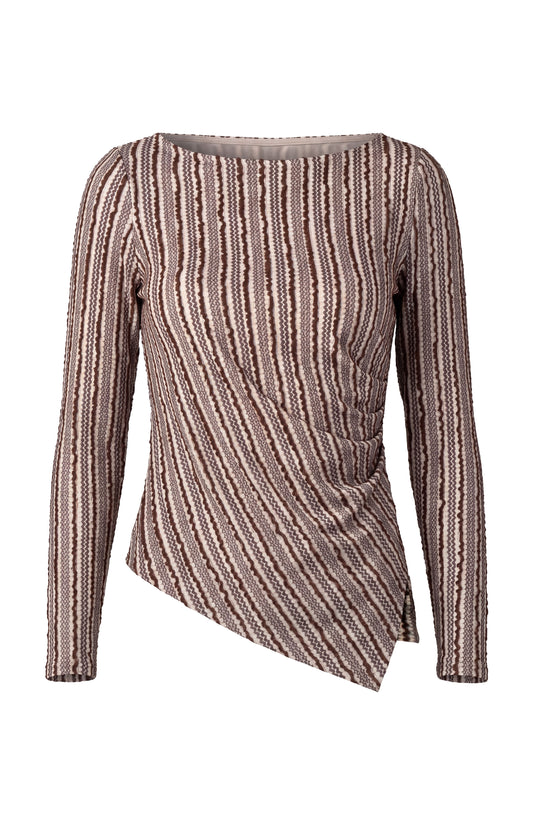 LIVERPOOL LONG SLEEVE BOAT NECK ASYMMETRIC HEM TOP - BROWN AND IVORY STRIPE