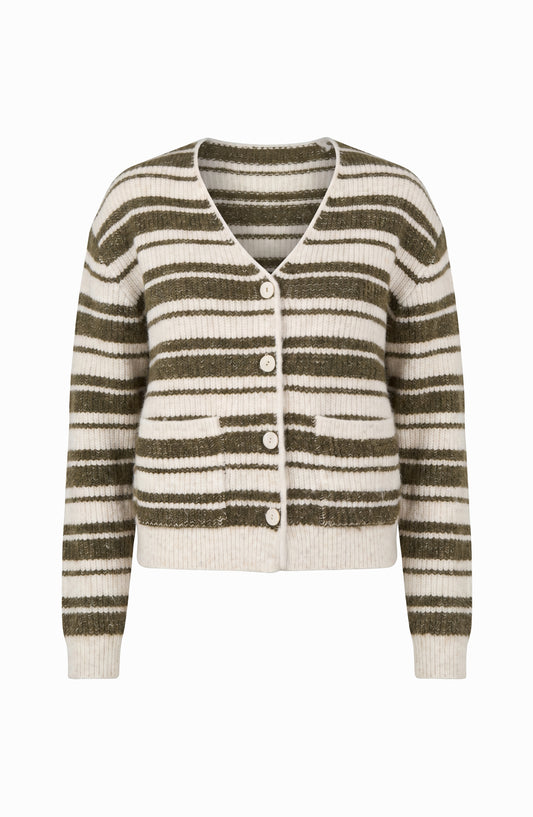 LIVERPOOL LONG SLEEVE BUTTON FRONT CARDIGAN SWEATER - OATMEAL OLIVE STRIPE