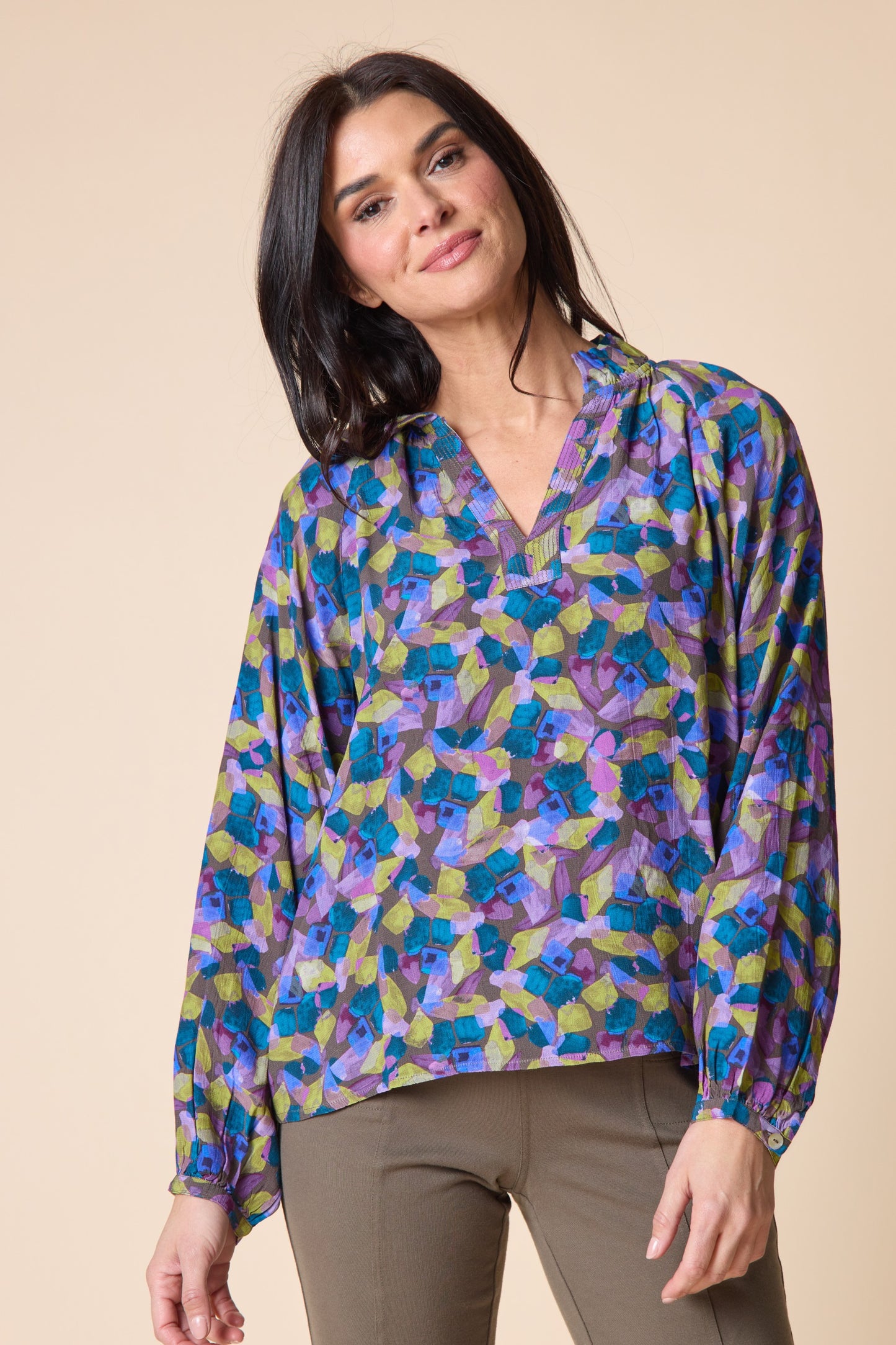 HABITAT RAYON CREPE PAINTED STONES SHIRT - MUSHROOM