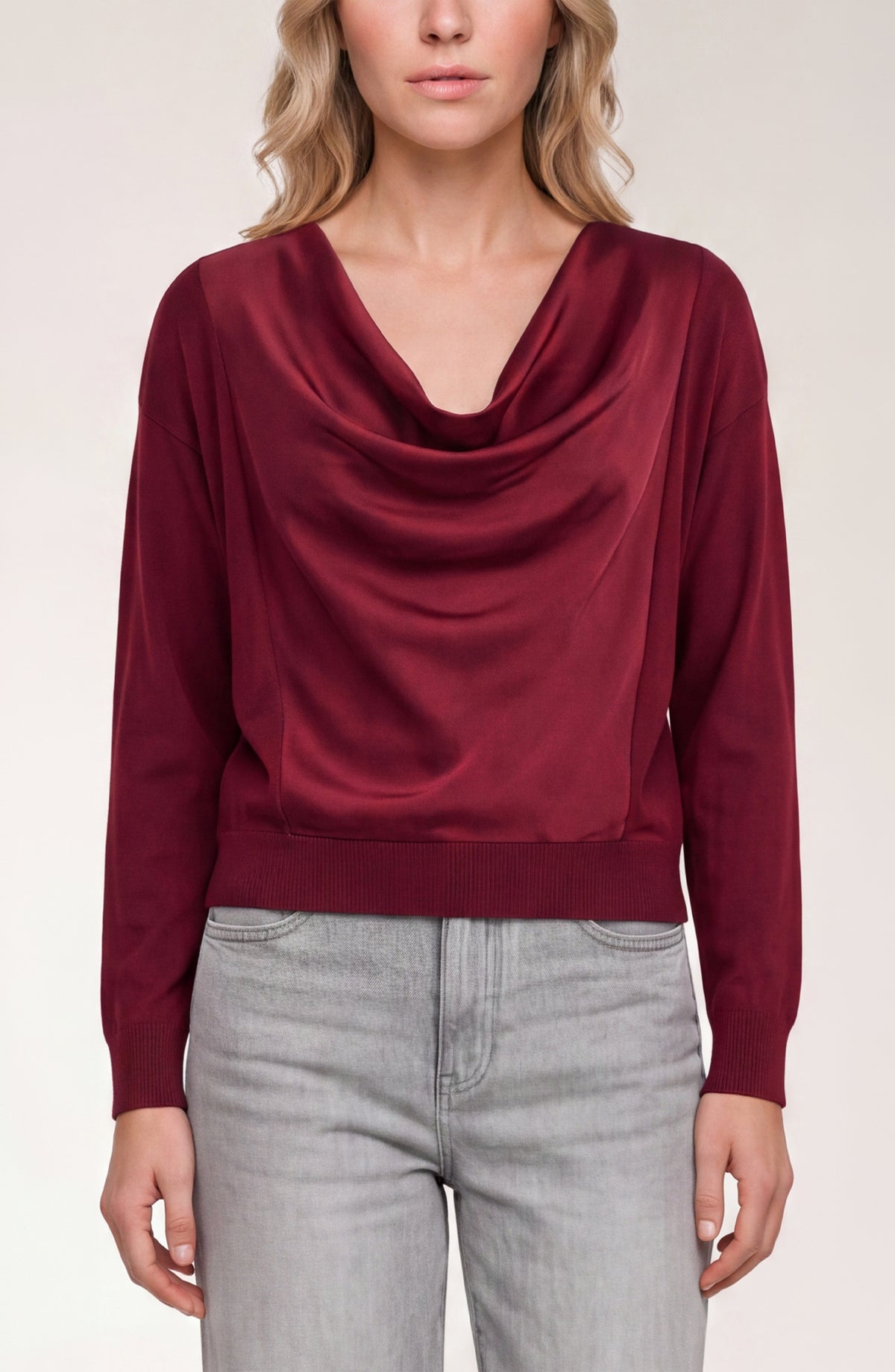 LIVERPOOL LONG SLEEVE DRAPE NECK SWEATER - CRANBERRY