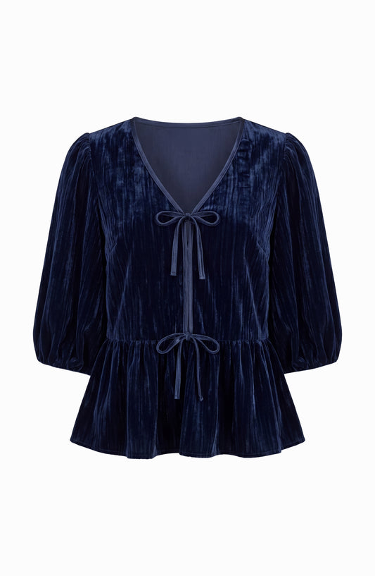 LIVERPOOL 3/4 BLOUSON SLEEVE TIE PEPLUM TOP - BLUE